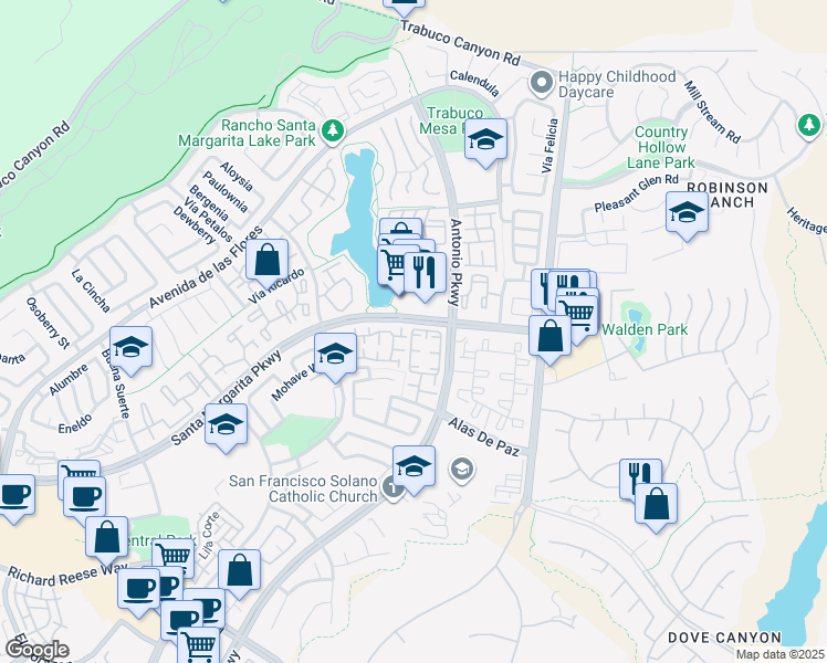 map of restaurants, bars, coffee shops, grocery stores, and more near 13 Vía Honrado in Rancho Santa Margarita