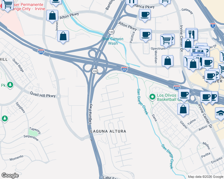 map of restaurants, bars, coffee shops, grocery stores, and more near 66 Brindisi in Irvine