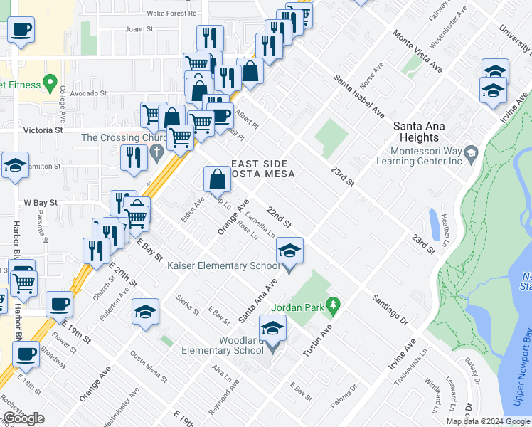 map of restaurants, bars, coffee shops, grocery stores, and more near 232 Camellia Lane in Costa Mesa