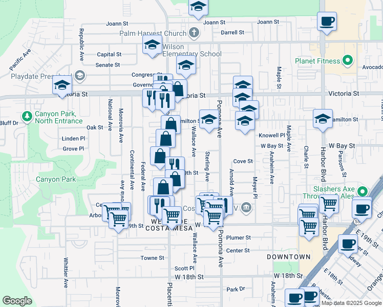 map of restaurants, bars, coffee shops, grocery stores, and more near 2039 Wallace Avenue in Costa Mesa