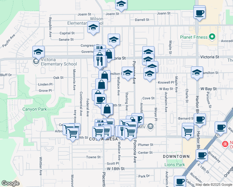 map of restaurants, bars, coffee shops, grocery stores, and more near 2025 Wallace Avenue in Costa Mesa