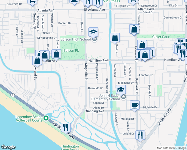 map of restaurants, bars, coffee shops, grocery stores, and more near 9072 Niguel Circle in Huntington Beach