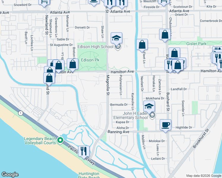 map of restaurants, bars, coffee shops, grocery stores, and more near 9021 Adelia Circle in Huntington Beach