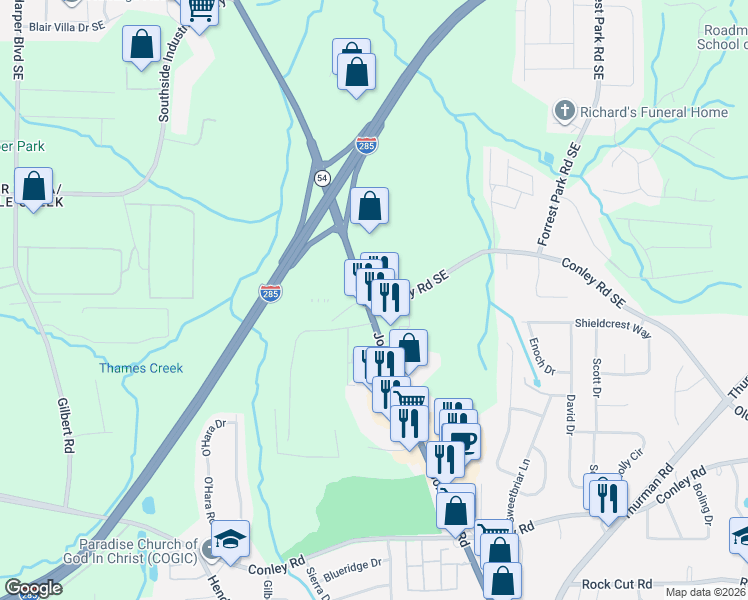 map of restaurants, bars, coffee shops, grocery stores, and more near 775 Conley Rd SE in Atlanta