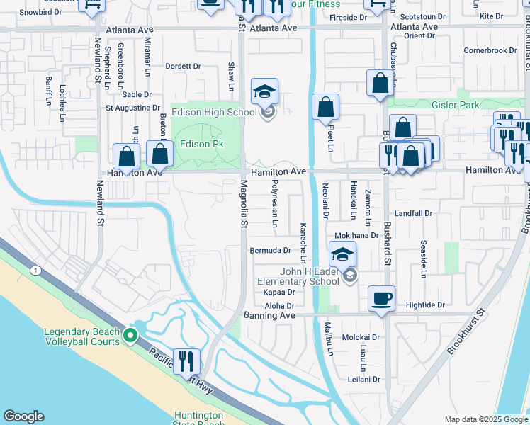 map of restaurants, bars, coffee shops, grocery stores, and more near 9072 Niguel Circle in Huntington Beach