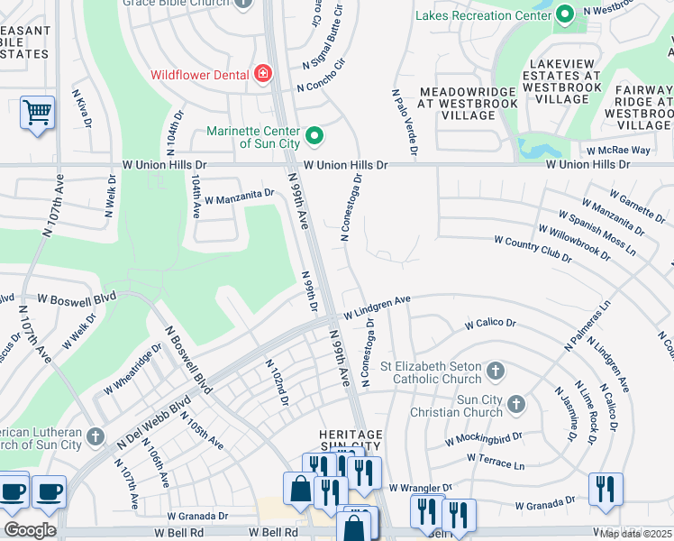 map of restaurants, bars, coffee shops, grocery stores, and more near 12223 West Country Club Court in Sun City