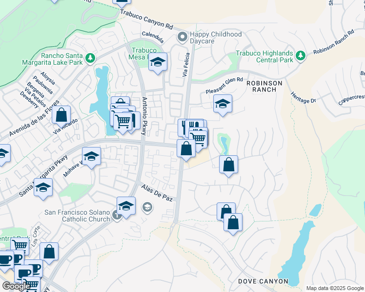 map of restaurants, bars, coffee shops, grocery stores, and more near Santa Margarita Parkway & Plano Trabuco Road in Rancho Santa Margarita