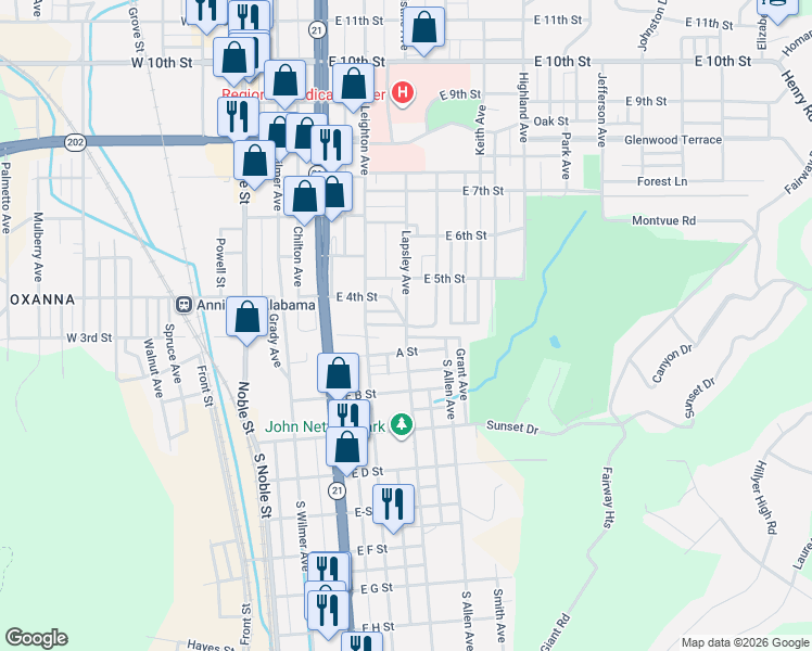 map of restaurants, bars, coffee shops, grocery stores, and more near East 4th Street in Anniston