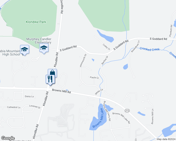 map of restaurants, bars, coffee shops, grocery stores, and more near 6631 Housworth Lane in Lithonia