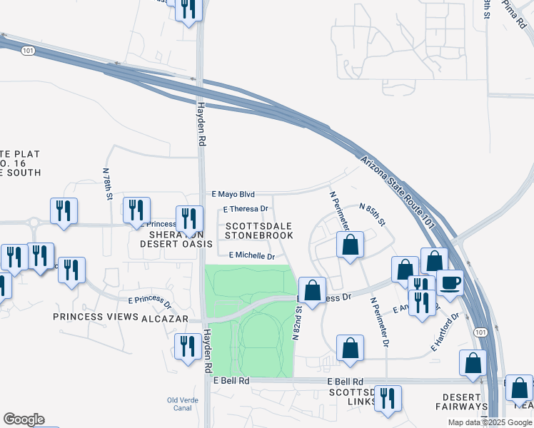 map of restaurants, bars, coffee shops, grocery stores, and more near 8160 East Maria Way in Scottsdale