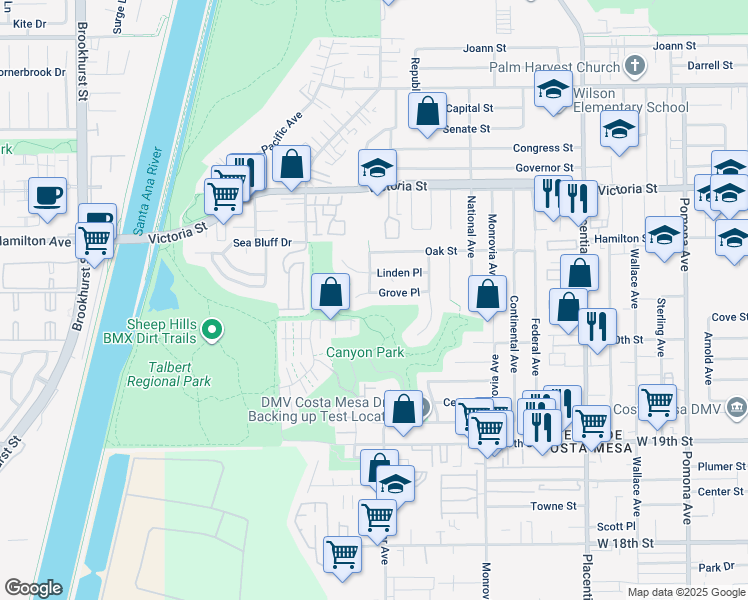 map of restaurants, bars, coffee shops, grocery stores, and more near 1003 Grove Place in Costa Mesa