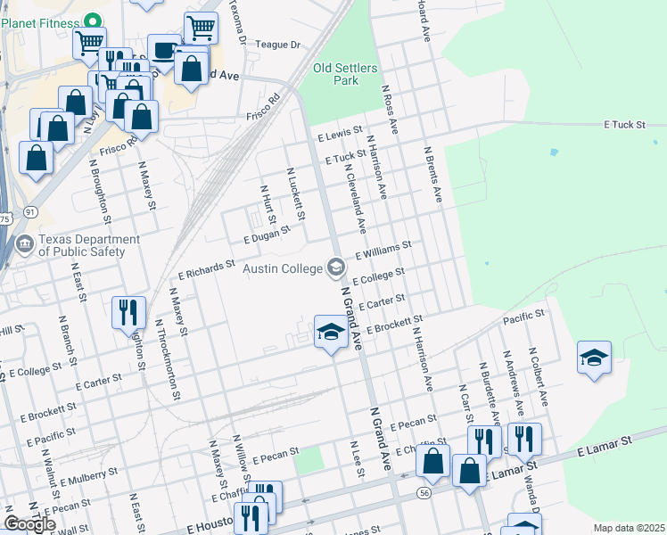 map of restaurants, bars, coffee shops, grocery stores, and more near North Grand Avenue in Sherman
