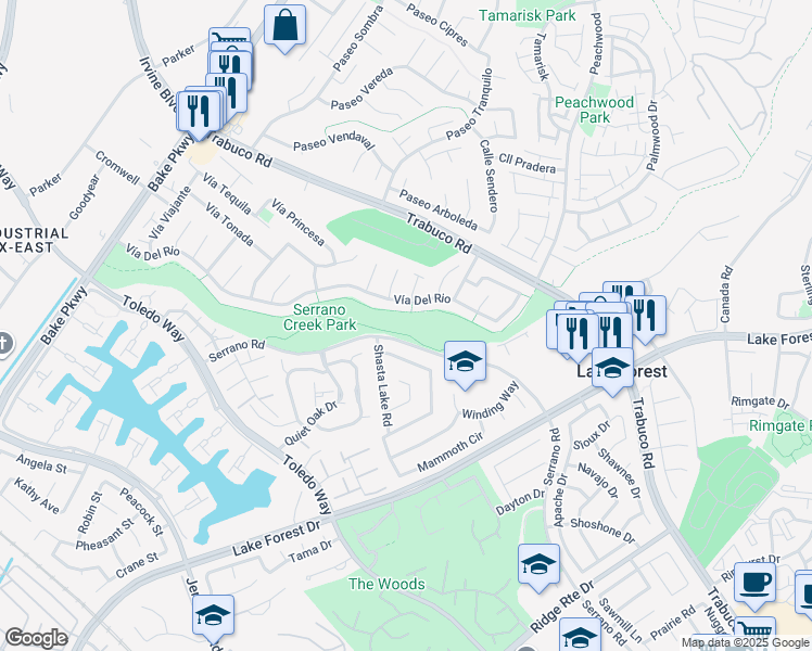 map of restaurants, bars, coffee shops, grocery stores, and more near Serrano Creek Trail in Lake Forest