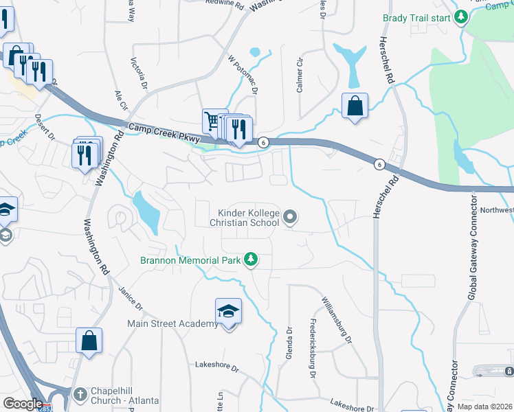 map of restaurants, bars, coffee shops, grocery stores, and more near 2854 Aralynn Way in College Park