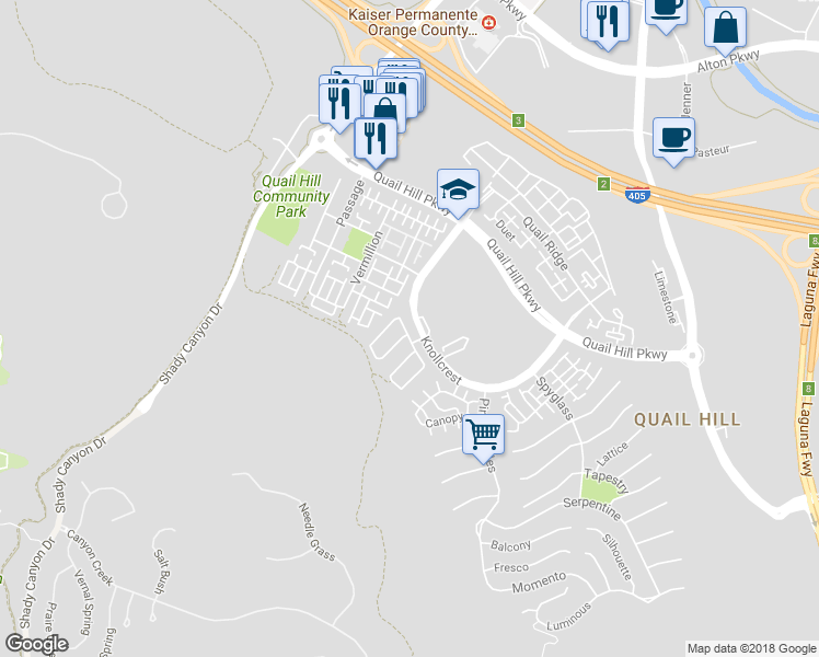 map of restaurants, bars, coffee shops, grocery stores, and more near 45 Coriander in Irvine