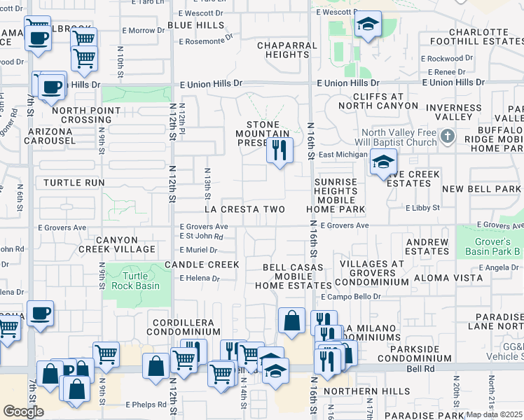 map of restaurants, bars, coffee shops, grocery stores, and more near 1426 East Grovers Avenue in Phoenix