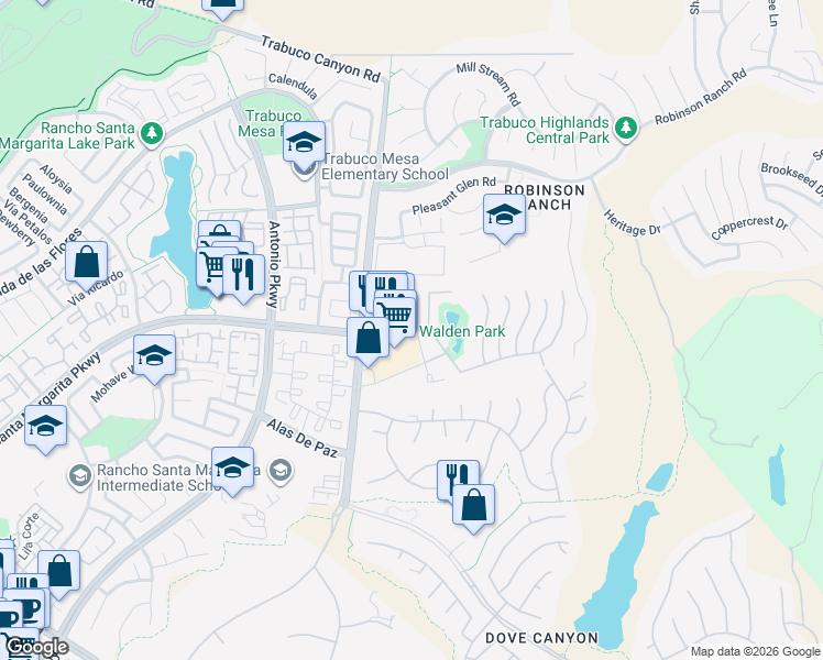 map of restaurants, bars, coffee shops, grocery stores, and more near Hemingway Court in Rancho Santa Margarita