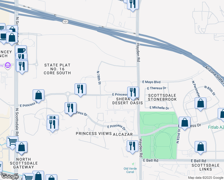 map of restaurants, bars, coffee shops, grocery stores, and more near 7826 East Princess Boulevard in Scottsdale