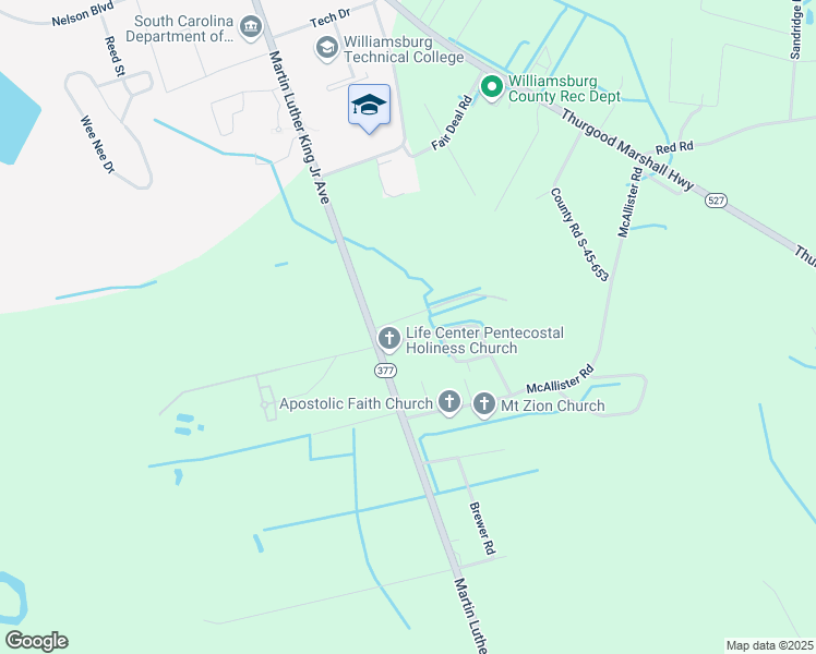 map of restaurants, bars, coffee shops, grocery stores, and more near 2111 Martin Luther King Junior Avenue in Kingstree