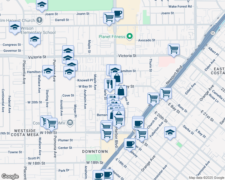 map of restaurants, bars, coffee shops, grocery stores, and more near 2023 Harbor Boulevard in Costa Mesa