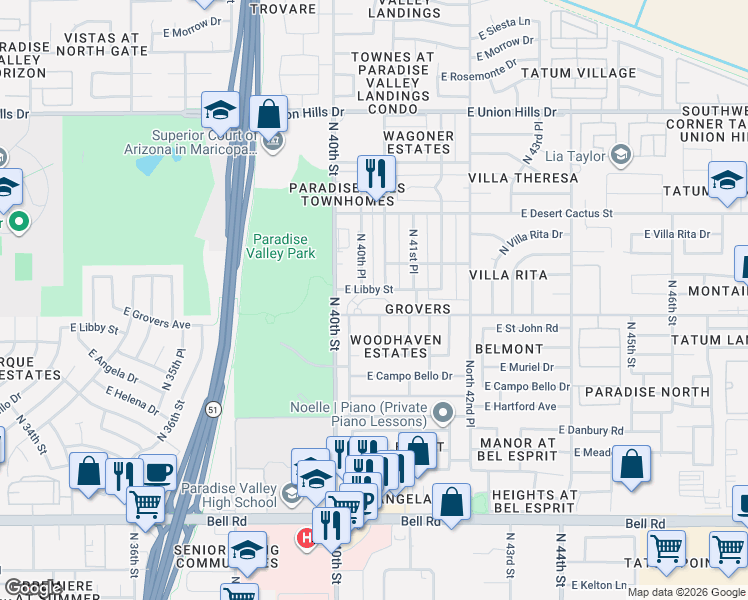 map of restaurants, bars, coffee shops, grocery stores, and more near 17805 North 40th Street in Phoenix