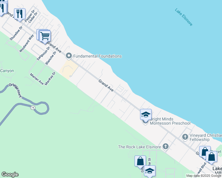 map of restaurants, bars, coffee shops, grocery stores, and more near Grand Avenue in Lake Elsinore