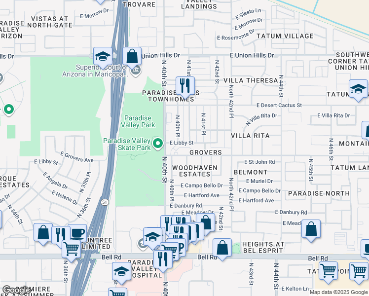 map of restaurants, bars, coffee shops, grocery stores, and more near 17805 North 40th Street in Phoenix