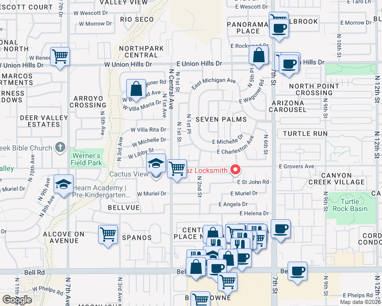 map of restaurants, bars, coffee shops, grocery stores, and more near 17823 North 1st Place in Phoenix