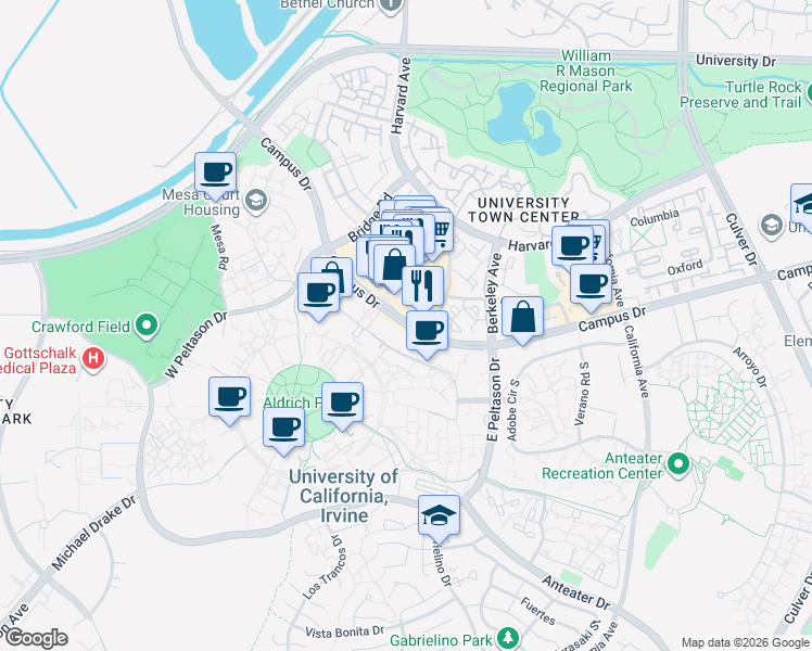 map of restaurants, bars, coffee shops, grocery stores, and more near in Irvine