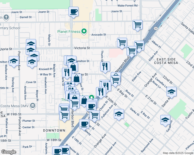 map of restaurants, bars, coffee shops, grocery stores, and more near 383 West Bay Street in Costa Mesa