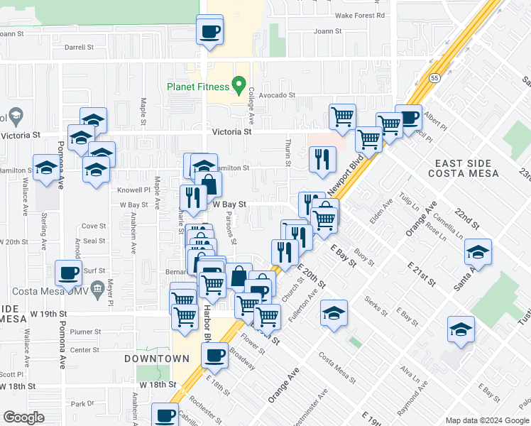 map of restaurants, bars, coffee shops, grocery stores, and more near 383 West Bay Street in Costa Mesa