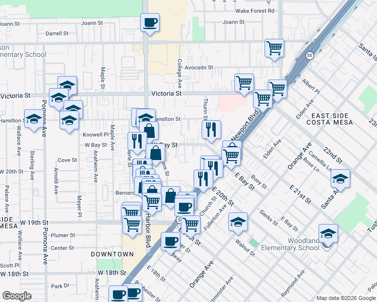 map of restaurants, bars, coffee shops, grocery stores, and more near 383 West Bay Street in Costa Mesa