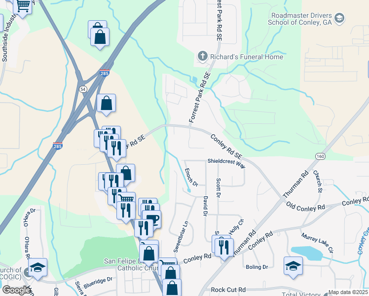 map of restaurants, bars, coffee shops, grocery stores, and more near 936 Shieldcrest Way in Forest Park
