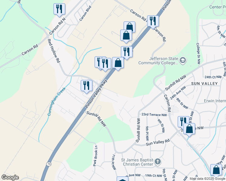 map of restaurants, bars, coffee shops, grocery stores, and more near 301 Pinson Place in Birmingham