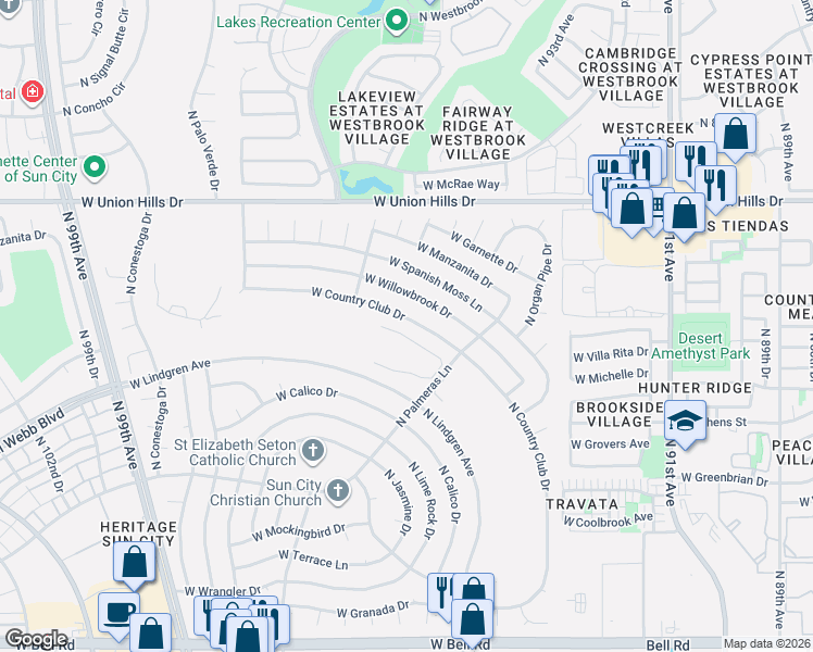 map of restaurants, bars, coffee shops, grocery stores, and more near 9539 West Country Club Drive in Sun City