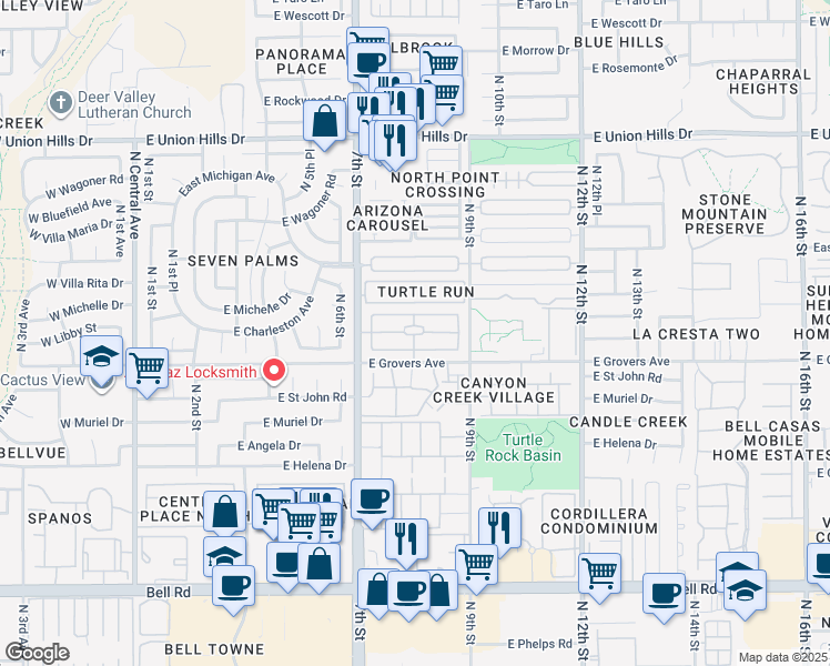 map of restaurants, bars, coffee shops, grocery stores, and more near 1150 East Grovers Avenue in Phoenix