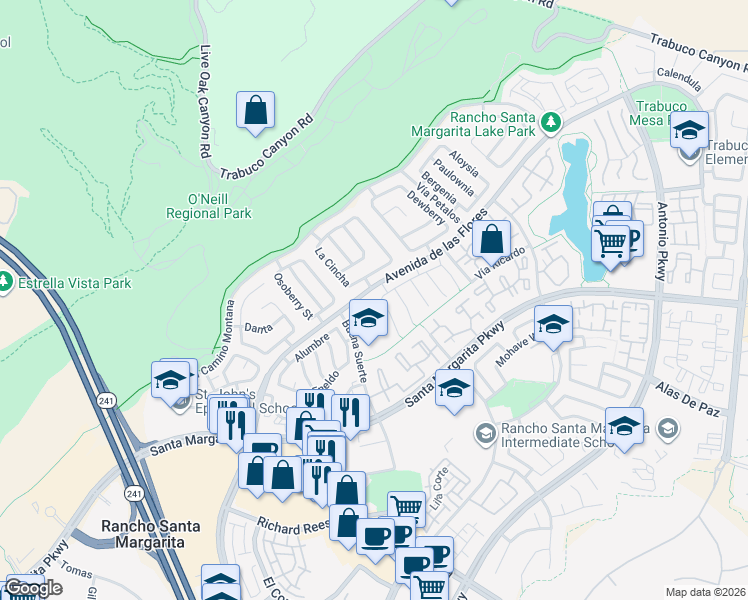map of restaurants, bars, coffee shops, grocery stores, and more near 1 El Canto in Rancho Santa Margarita