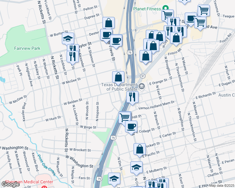 map of restaurants, bars, coffee shops, grocery stores, and more near 1304 North Travis Street in Sherman