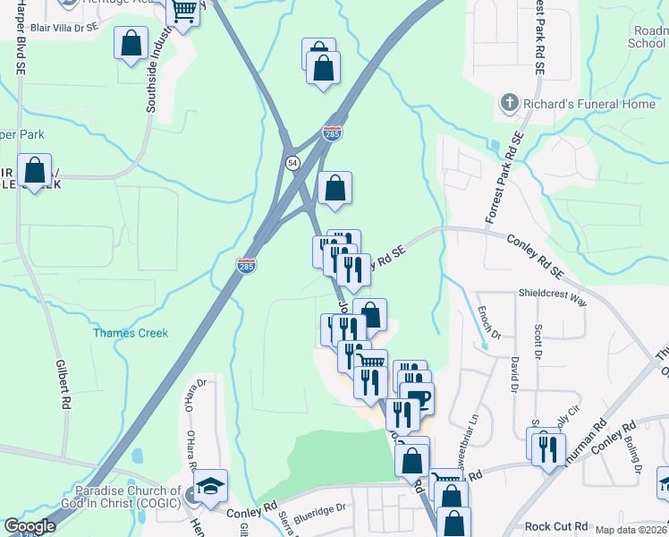 map of restaurants, bars, coffee shops, grocery stores, and more near 3907 Jonesboro Road in Forest Park
