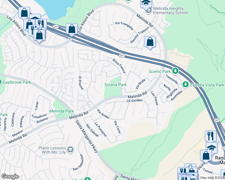 map of restaurants, bars, coffee shops, grocery stores, and more near 21601 Via Regressos in Rancho Santa Margarita