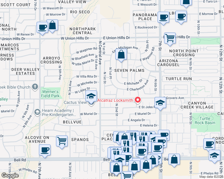 map of restaurants, bars, coffee shops, grocery stores, and more near 17823 North 1st Place in Phoenix