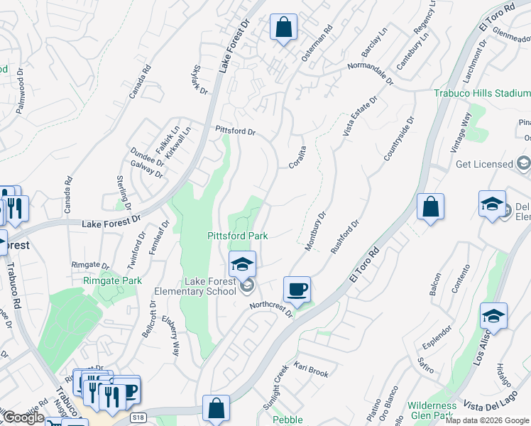 map of restaurants, bars, coffee shops, grocery stores, and more near 21691 Johnstone Drive in Lake Forest