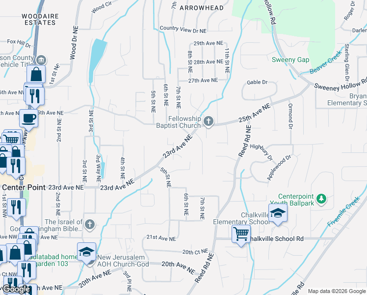 map of restaurants, bars, coffee shops, grocery stores, and more near 609 23rd Avenue Northeast in Center Point