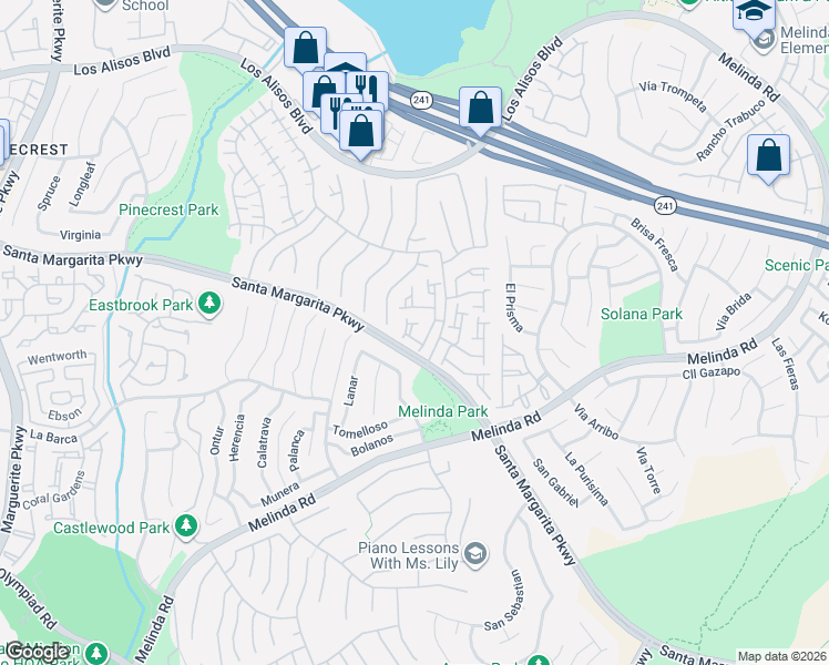 map of restaurants, bars, coffee shops, grocery stores, and more near 21576 San Lorenzo in Mission Viejo