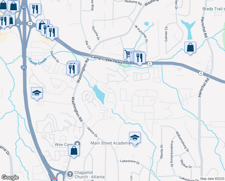 map of restaurants, bars, coffee shops, grocery stores, and more near 4001 Lakemont Drive in College Park