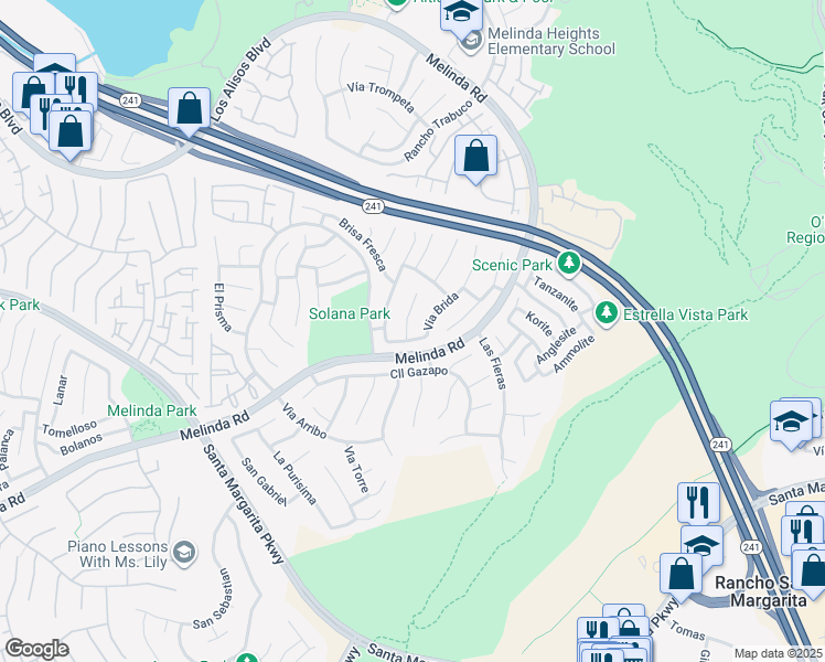 map of restaurants, bars, coffee shops, grocery stores, and more near 30 Via Silla in Rancho Santa Margarita