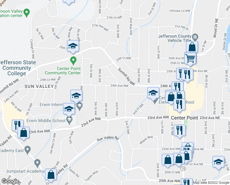 map of restaurants, bars, coffee shops, grocery stores, and more near 2340 3rd Place Northwest in Center Point