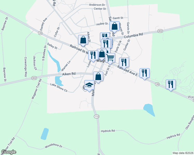 map of restaurants, bars, coffee shops, grocery stores, and more near Earle Street in Wagener