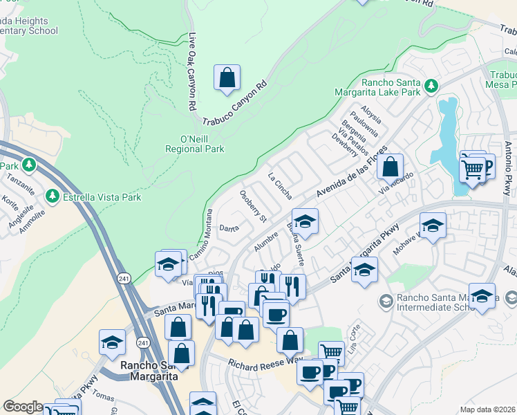 map of restaurants, bars, coffee shops, grocery stores, and more near 20 Osoberry Street in Rancho Santa Margarita