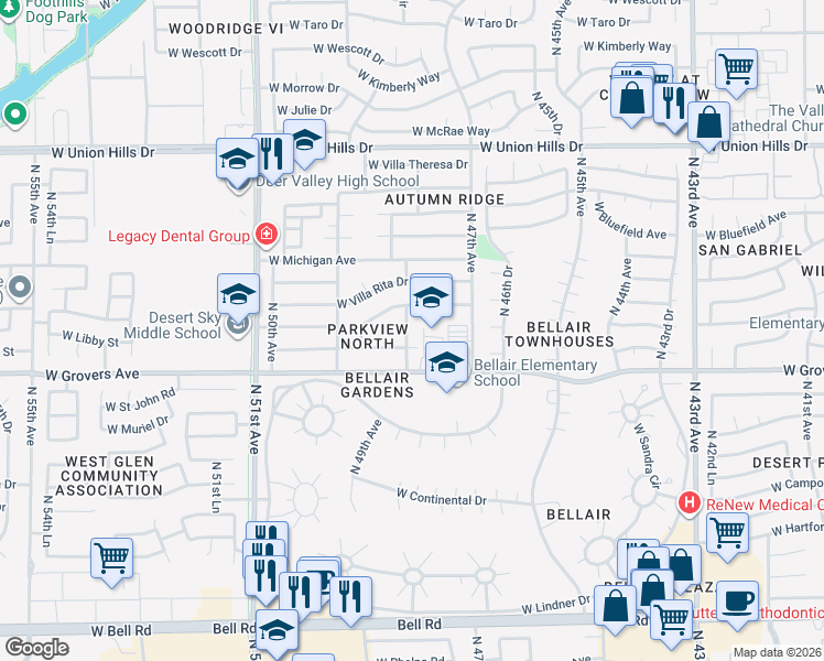 map of restaurants, bars, coffee shops, grocery stores, and more near 17837 North 48th Avenue in Glendale